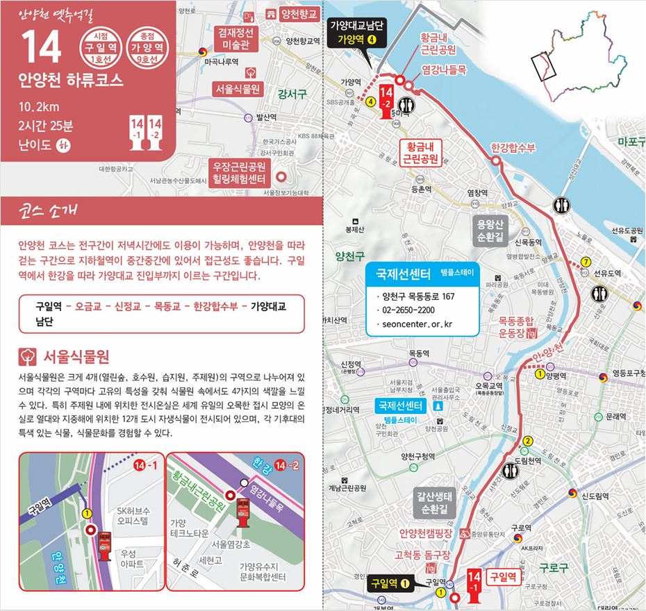 서울둘레길 14코스 안양천 하류코스 안내도. 10.2km, 2시간 25분, 난이도 하이며 시점은 구일역, 종점은 가양역입니다. 안양천을 따라 걷는 구간으로 전 구간 저녁시간에도 이용할 수 있으며, 구일역에서 오금교, 신정교, 목동교, 한강합수부를 지나 가양대교 남단까지 이어지는 노선과 스탬프함 2곳의 위치가 지도에 표시되어 있습니다. 주변 관광지로 서울식물원과 국제선센터 템플스테이가 소개되어 있습니다.