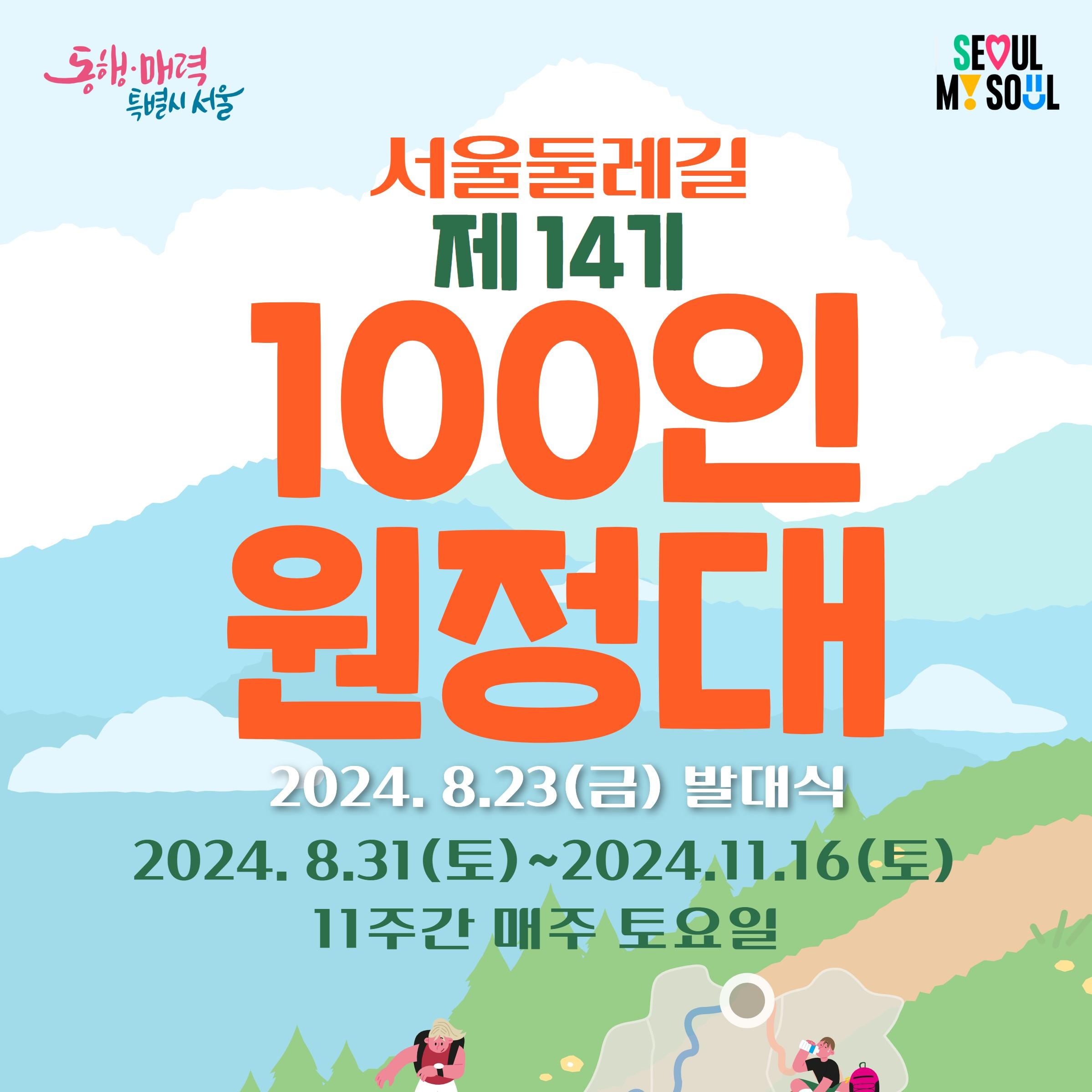        서울둘레길 제14기 100인 원정대      	 		 			 			       회차       			 			 			       날짜       			 			 			       코스       			 			 			       거리       (km)        			 			 			       소요시간       			 		 		 			 			         			 			 			     8   월 23  일    			 			 			     발대식      :      시청 후생동      4     층     /16:00      			 		 		 			 			     1   차    			 			 			     8   월    31   일    			 			 			     1~2   코스    			 			 			     창포원   ~   상계철쭉공원     			 			 			     13.0     			 			 			     6:00     			 		 		 			 			     2   차    			 			 			     9   월    7   일    			 			 			     3    ~    4    코스     			 			 			      당고개    (    지구공원    )    ~    양원역      			 			 			     12.5     			 			 			     5:30     			 		 		 			 			         			 			 			     9   월    14   일    			 			 			           			 			 			      예비일    (    추석연휴    )      			 			 			         			 			 			         			 		 		 			 			     3   차    			 			 			     9   월    21   일    			 			 			     4~6   코스    			 			 			      양원역    ~   고덕역      			 			 			     18.0     			 			 			     6:00     			 		 		 			 			     4   차    			 			 			     9   월    28   일    			 			 			     7    ~    8    코스     			 			 			     고덕역   ~   수서역     			 			 			     16.3     			 			 			     6:00     			 		 		 			 			     5   차    			 			 			     10   월    5   일    			 			 			     9~10   코스    			 			 			     대모/우  면산 구간     			 			 			     18.3     			 			 			     8:00     			 		 		 			 			     6   차    			 			 			     10   월    12   일    			 			 			     11~12   코스    			 			 			     관악/  호암산 구간     			 			 			     13.0     			 			 			     6:00     			 		 		 			 			     7   차    			 			 			     10   월    19   일    			 			 			     13    ~    14    코스     			 			 			       안양천 구간       			 			 			     18.2     			 			 			     6:00     			 		 		 			 			     8   차    			 			 			     10   월    26   일    			 			 			     15~16   코스    			 			 			     노을.  하늘공원   /      			     봉산.  앵봉산 구간     			 			 			     16.8     			 			 			     6:30     			 		 		 			 			     9   차    			 			 			     11   월    2   일    			 			 			     17~18    코스     			 			 			     북한산 은평/  종로 구간     			 			 			     14.3     			 			 			     7:00     			 		 		 			 			     10   차    			 			 			     11   월    9   일    			 			 			     19~20   코스    			 			 			     북한산 성북/  강북 구간     			 			 			     12.1     			 			 			     06:20     			 		 		 			 			     11   차    			 			 			     11   월 1   6   일    			 			 			     21    코스     			 			 			     북한산 도봉코스   /    해단식      			 			 			     7.3     			 			 			     3:25     			 		 		 			 			      합 계      			 			 			             			 			 			       159.8       			 			 			       66.5H       			 		 	      